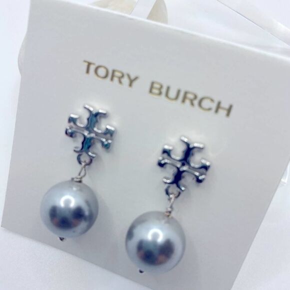 NWOT Tory Burch Silver Logo T Pearl Stud Dangle Earrings - Picture 2 of 6
